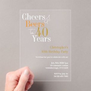 Invitations En Acrylique Fête des 40 ans Cheers and Beers