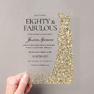 Invitations En Acrylique Fête des 80 ans de la femme en robe dorée