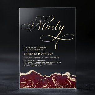 Invitations En Acrylique Fête des 90 ans Burgundy Gold Agate