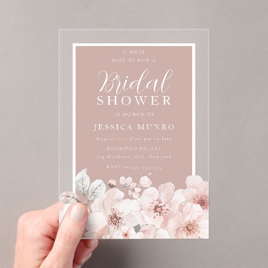 Invitations En Acrylique Fête des mariées de cadre en aquarelle rose roux (In situ (ordinateur de poche))