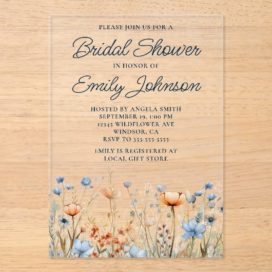 Invitations En Acrylique Fête des mariées Fleur sauvage de pêche bleue Dust (Recto)