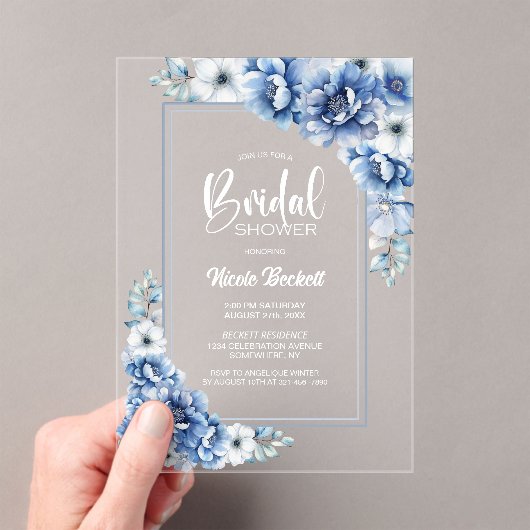 Invitations En Acrylique Fête des mariées florale bleue élégante (In situ (ordinateur de poche))