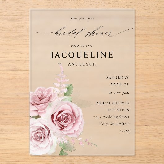 Invitations En Acrylique Fête des mariées florale rose pâle (Recto)
