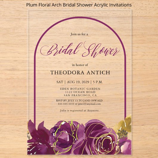 Invitations En Acrylique Fête des mariées Plum Floral Arch