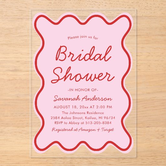 Invitations En Acrylique Fête des mariées rose et rouge ondulé moderne (Recto)