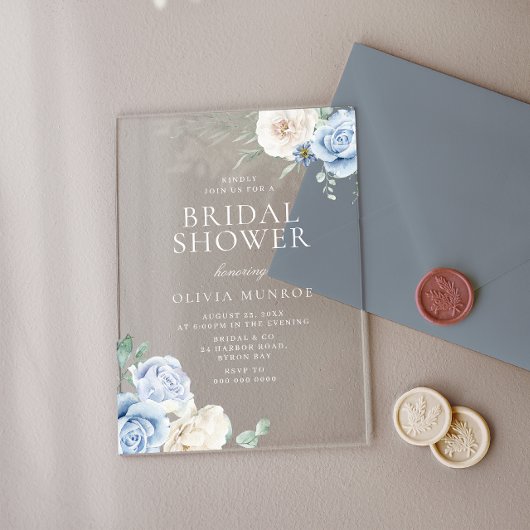 Invitations En Acrylique Fête des mariées végétale blanche et bleue