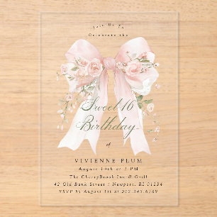 Invitations En Acrylique Fête des seize ans rose coquette bow rose florale