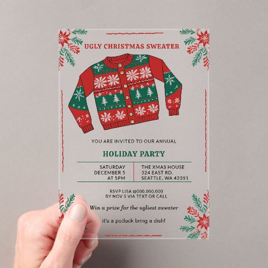 Invitations En Acrylique Fête drôle de pull de Noël moche rouge vert (In situ (ordinateur de poche))
