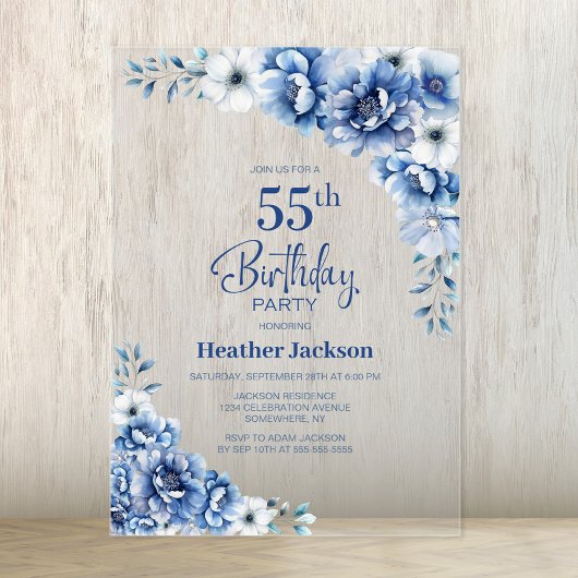 Invitations En Acrylique Fête du 55e anniversaire de la florale bleue