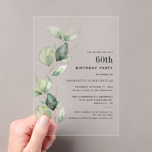 Invitations En Acrylique Fête élégante de 60 ans avec Eucalyptus (In situ (ordinateur de poche))