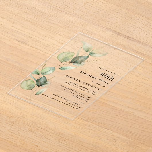 Invitations En Acrylique Fête élégante de 60 ans avec Eucalyptus (Poser)