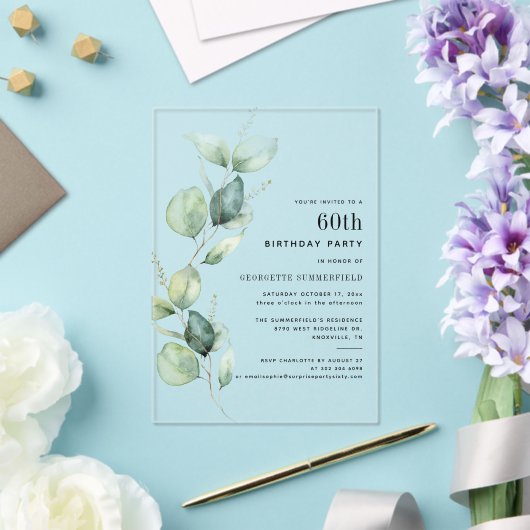 Invitations En Acrylique Fête élégante de 60 ans avec Eucalyptus (Insitu (Mariage))
