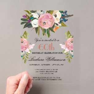 Invitations En Acrylique Fête élégante de 60 ans avec fleurs peintes à la m