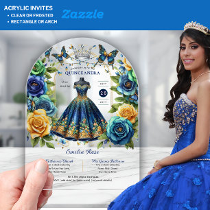 Invitations En Acrylique Fête Fleurie Papillons QUINCEANERA Bleu Or