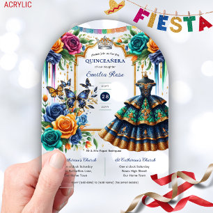 Invitations En Acrylique Fête Fleurie Papillons QUINCEANERA Bleu Or