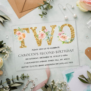 Invitations En Acrylique Fête Florale Élégante Paillettes Dorées DEUX 2e An