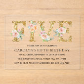 Invitations En Acrylique Fête Florale Élégante Paillettes Or CINQ 5ème Anni (Recto)