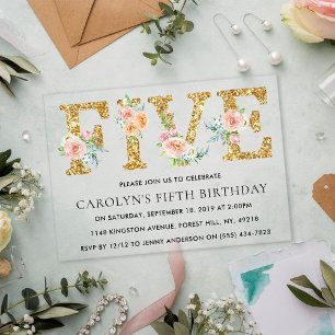 Invitations En Acrylique Fête Florale Élégante Paillettes Or CINQ 5ème Anni