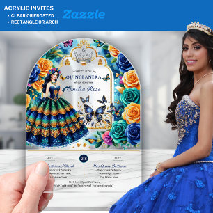 Invitations En Acrylique Fête Florale Papillons QUINCEANERA Bleu Or