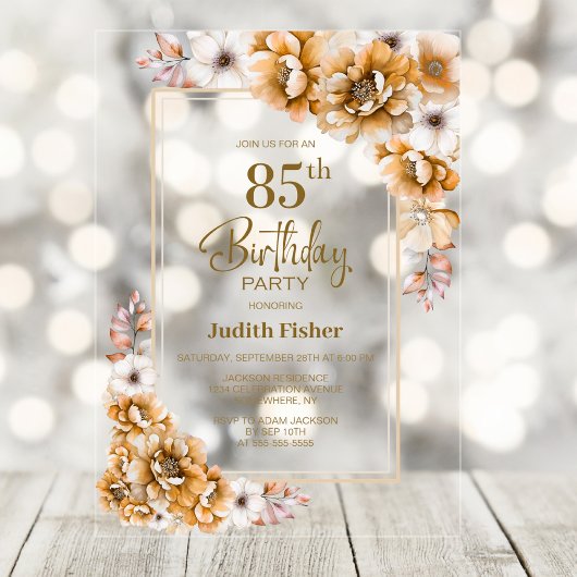 Invitations En Acrylique Fête Orange Floral moderne 85e anniversaire