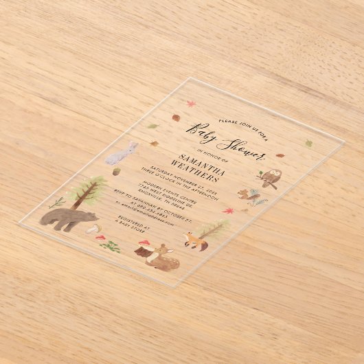 Invitations En Acrylique Fête Prénatale Aquarelle Animaux de la Forêt Rusti (Poser)