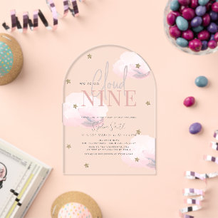 Invitations En Acrylique Fête prénatale Cloud 9 Gold Stars Fille Rose