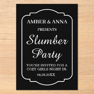 INVITATIONS EN ACRYLIQUE FÊTE PYJAMA PERSONNALISÉE NOM NOIR BLANC