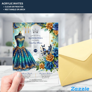 Invitations En Acrylique Fête Quinceanera Fleurs Papillons Bleu Or