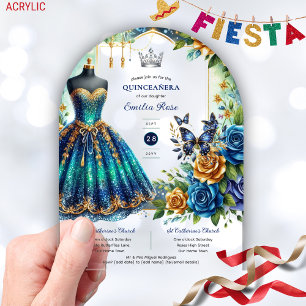 Invitations En Acrylique Fête Quinceanera Fleurs Papillons Bleu Or