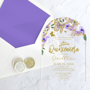 Invitations En Acrylique Fête Quinceañera Papillon Floral Or Rose