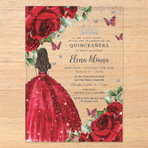 Invitations En Acrylique Fête Quinceañera Sweet 16 Fleurs Rouges Papillons 