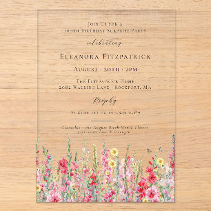 Invitations En Acrylique FÊTE SURPRISE 100e Anniversaire Fleur de Naissance