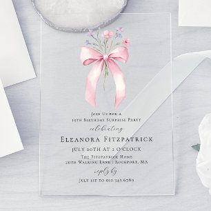 Invitations En Acrylique FÊTE SURPRISE 18e Anniversaire Ruban Rose Fleur Sa