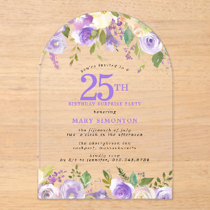 Invitations En Acrylique FÊTE SURPRISE 25e Anniversaire Fleurs Violettes Tr