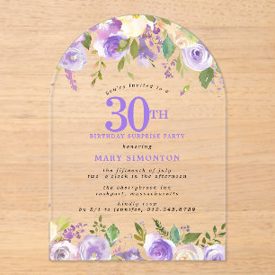 Invitations En Acrylique FÊTE SURPRISE 30e Anniversaire Fleurs Violettes Tr