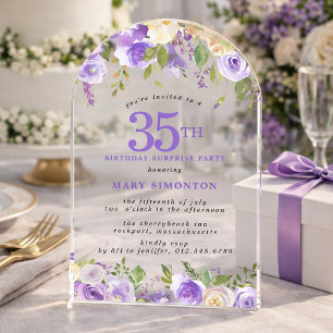 Invitations En Acrylique FÊTE SURPRISE 35e Anniversaire Fleurs Violettes Tr