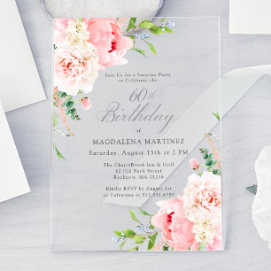 Invitations En Acrylique FÊTE SURPRISE 60e anniversaire Peony rose Floral