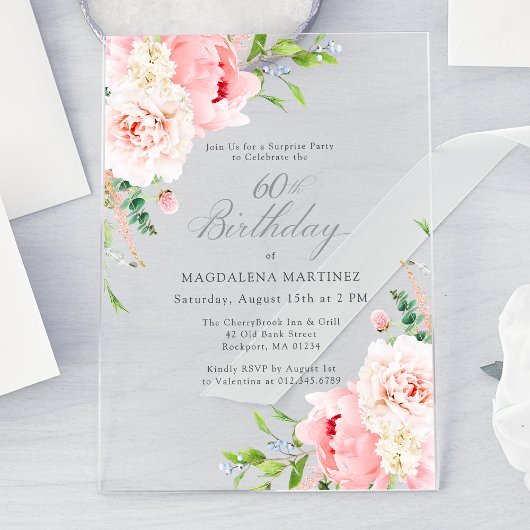 Invitations En Acrylique FÊTE SURPRISE 60e anniversaire Peony rose Floral