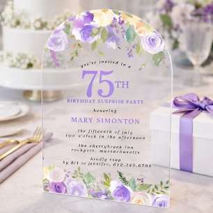 Invitations En Acrylique FÊTE SURPRISE 75e Anniversaire Floral Violet Trans