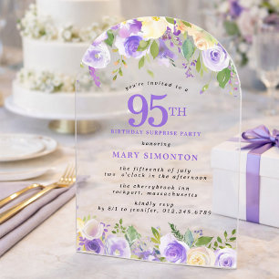 Invitations En Acrylique FÊTE SURPRISE 95e Anniversaire Floral Violet Trans
