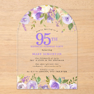 Invitations En Acrylique FÊTE SURPRISE 95e Anniversaire Floral Violet Trans