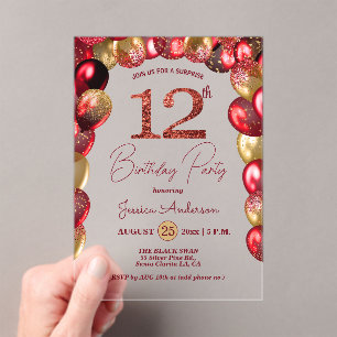 Invitations En Acrylique Fête surprise pour 12 ans paillettes or burgundy