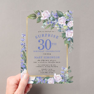 Invitations En Acrylique Fête surprise pour 30 ans Bleu Blanc Floral