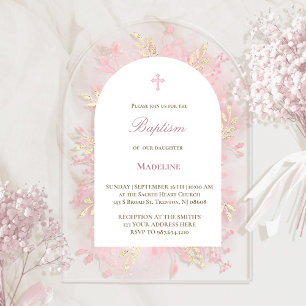Invitations En Acrylique feuillage aquarelle rose Baptême