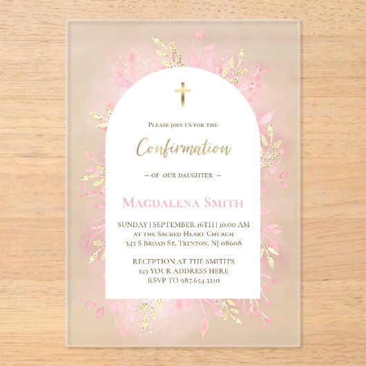 Invitations En Acrylique feuillage aquarelle rose confirmation givré (Recto)