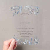 Invitations En Acrylique feuillage bleu aquarelle Baptême (In situ (ordinateur de poche))