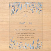 Invitations En Acrylique feuillage bleu aquarelle Baptême (Recto)