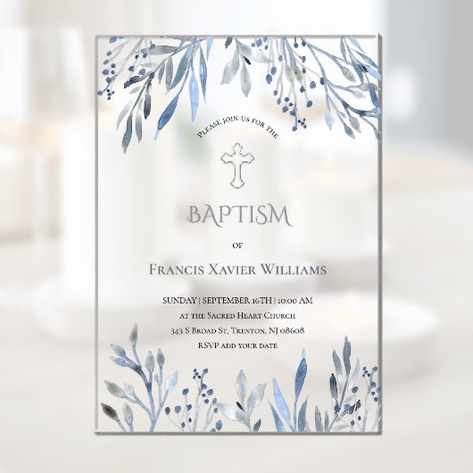 Invitations En Acrylique feuillage bleu aquarelle Baptême
