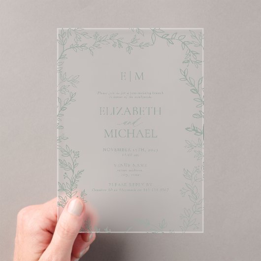 Invitations En Acrylique Feuillage Vert Monogramme Post Mariage Brunch (In situ (ordinateur de poche))