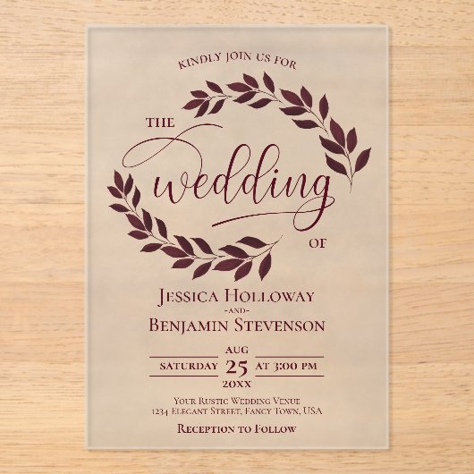 Invitations En Acrylique Feuille Bourgogne Élégant Mariage de script modern (Recto)